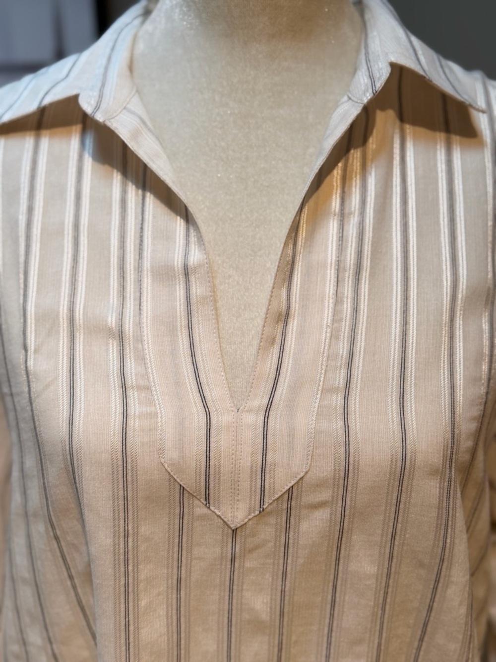 Nordstrom Beige Tunic with Black & Soft Silver Vertical Stripe, size M